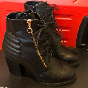 Black faux leather lace up boots, gold zipper